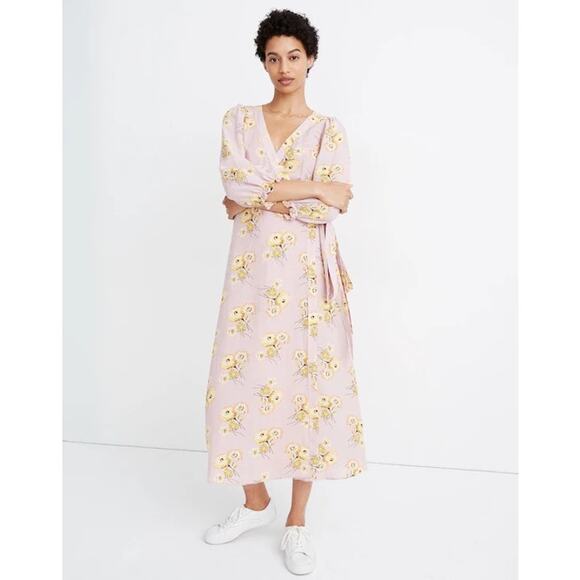 Madewell Linen-Blend Ruffle-Cuff Wrap Dress Dutch Dandelions Medium Pink Floral - Picture 1 of 9